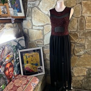 FD Red Glitter Mesh Panel Maxi Dress